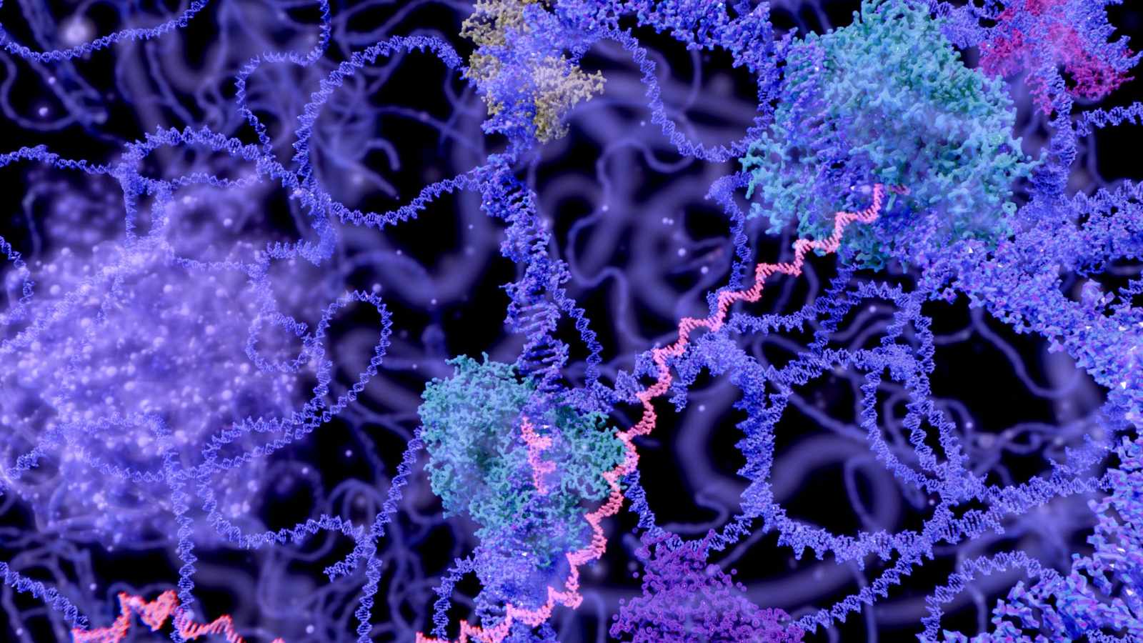A detailed 3D rendering of mRNA strands and molecular structures in blue and purple