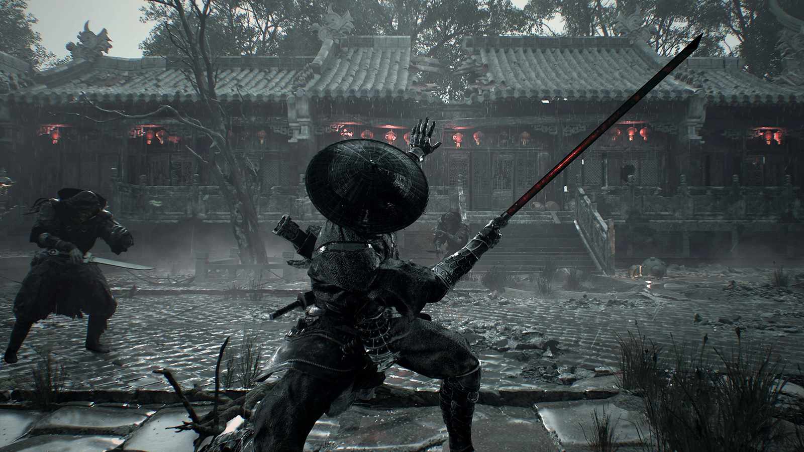 A warrior in a wide-brimmed hat wielding a glowing sword in a courtyard