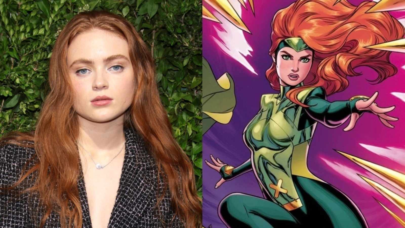 Actress Sadie Sink pictured next to a comic book illustration of the character Jean Grey
