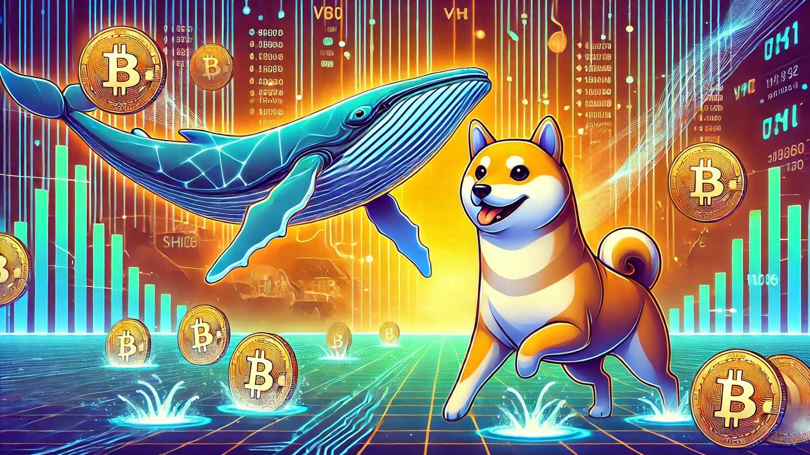 Digital illustration of a blue whale and a Shiba Inu dog amidst floating Bitcoin coins