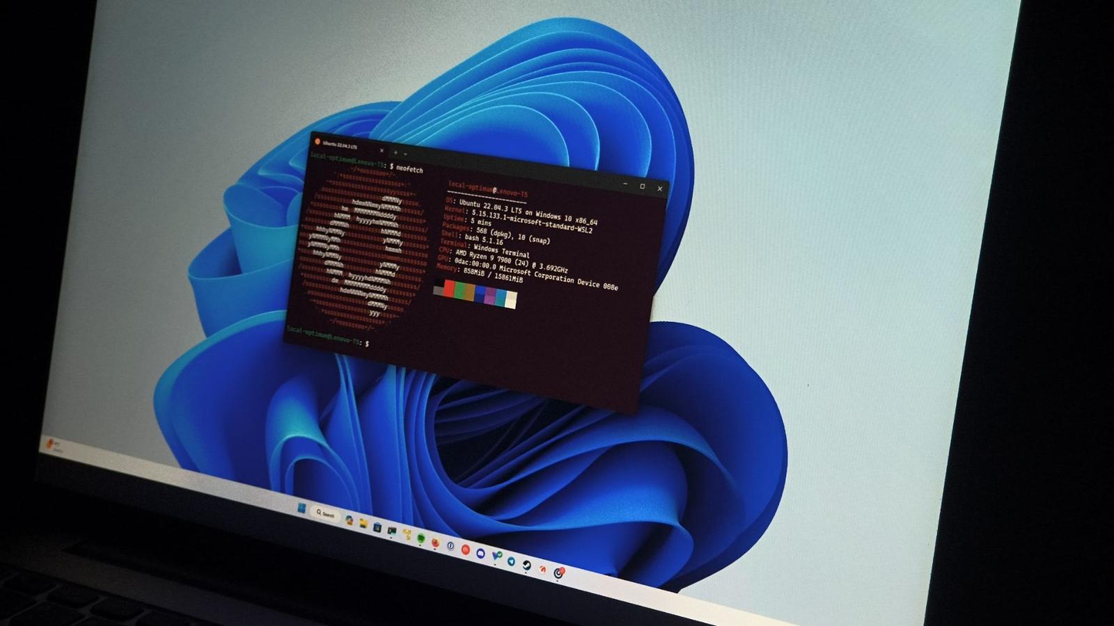 A laptop screen displaying an Ubuntu terminal window running on Windows 11 operating system