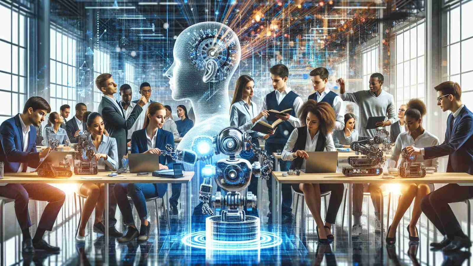 Diverse group of students and professionals working together on AI research in a modern laboratory
