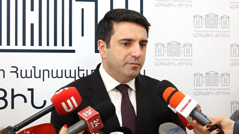 National Assembly Speaker Alen Simonyan speaking at a press conference surrounded by microphones