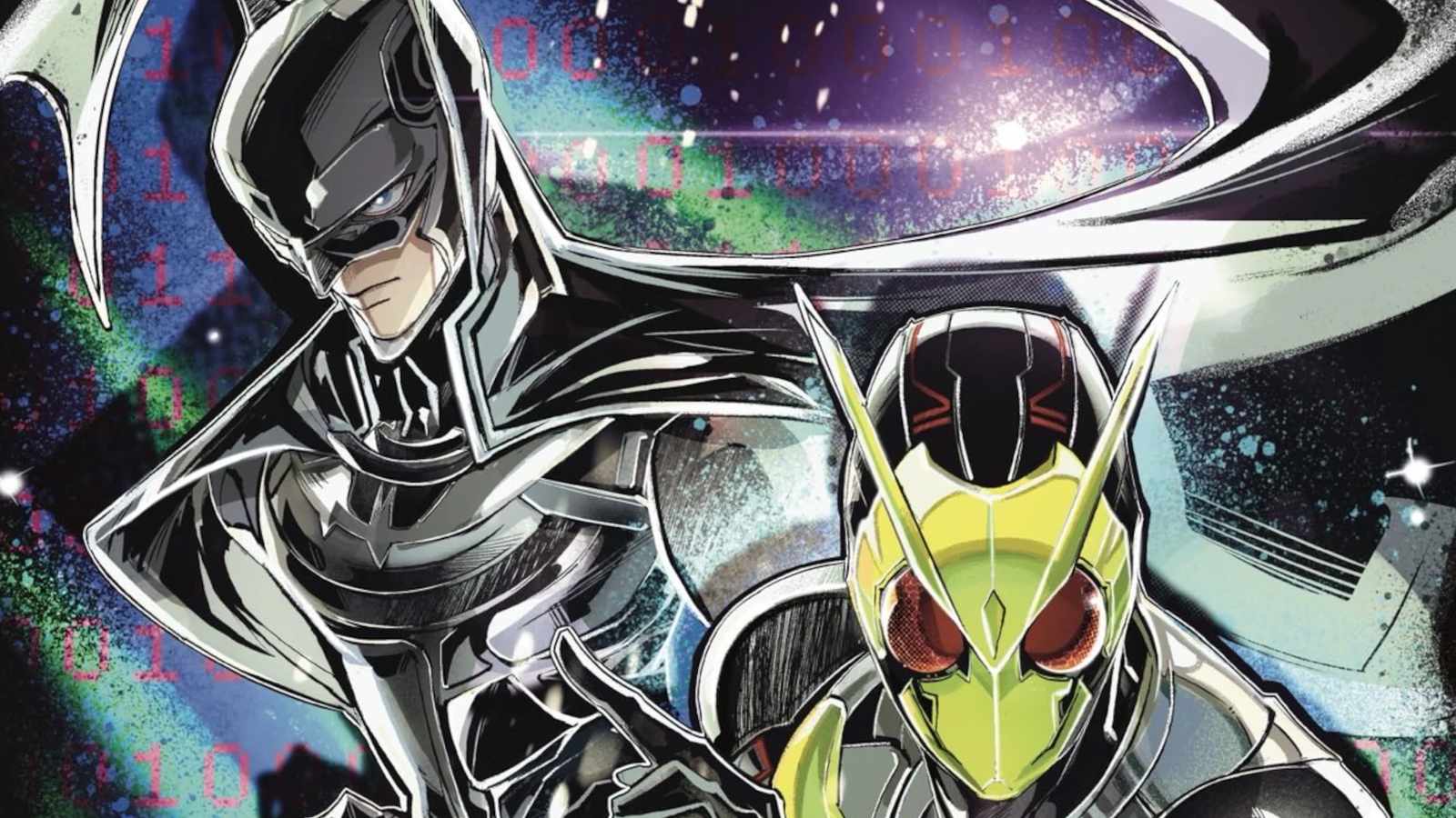 Batman and Kamen Rider standing together in a stylized comic book art illustration