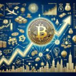 Abstract illustration of Bitcoin logo, financial charts, graphs, and city skyline
