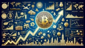 Abstract illustration of Bitcoin logo, financial charts, graphs, and city skyline