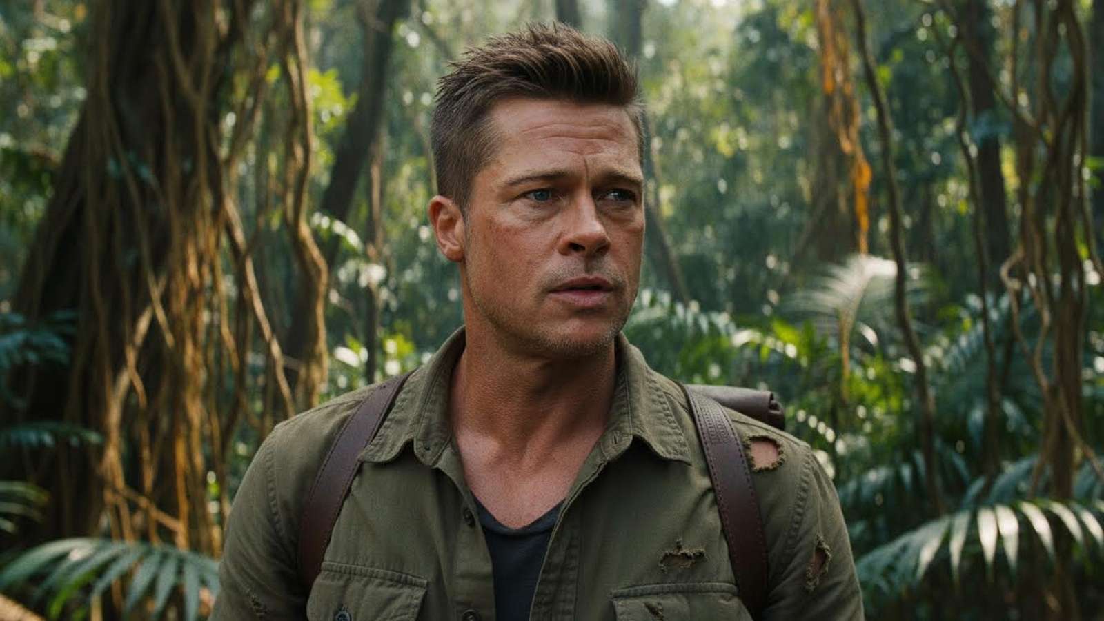 Brad Pitt wearing a rugged green shirt in a dense jungle environment