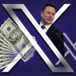 Elon Musk smiling beside a large X logo and US dollar bills representing financial services