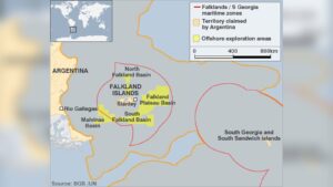 Map detailing offshore exploration areas and maritime zones around the Falkland Islands