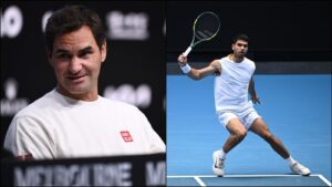 Roger Federer and Carlos Alcaraz shown in a split screen tennis composition