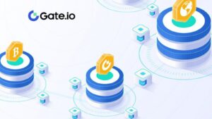Digital illustration featuring the Gate.io logo and cryptocurrency tokens resting on stacked data bl