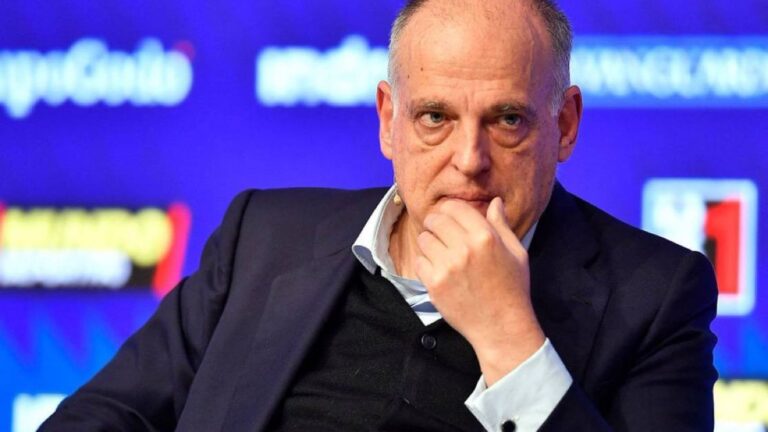 La Liga President Javier Tebas sitting thoughtfully at a press conference