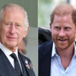 A split image showing King Charles III on the left and Prince Harry on the right