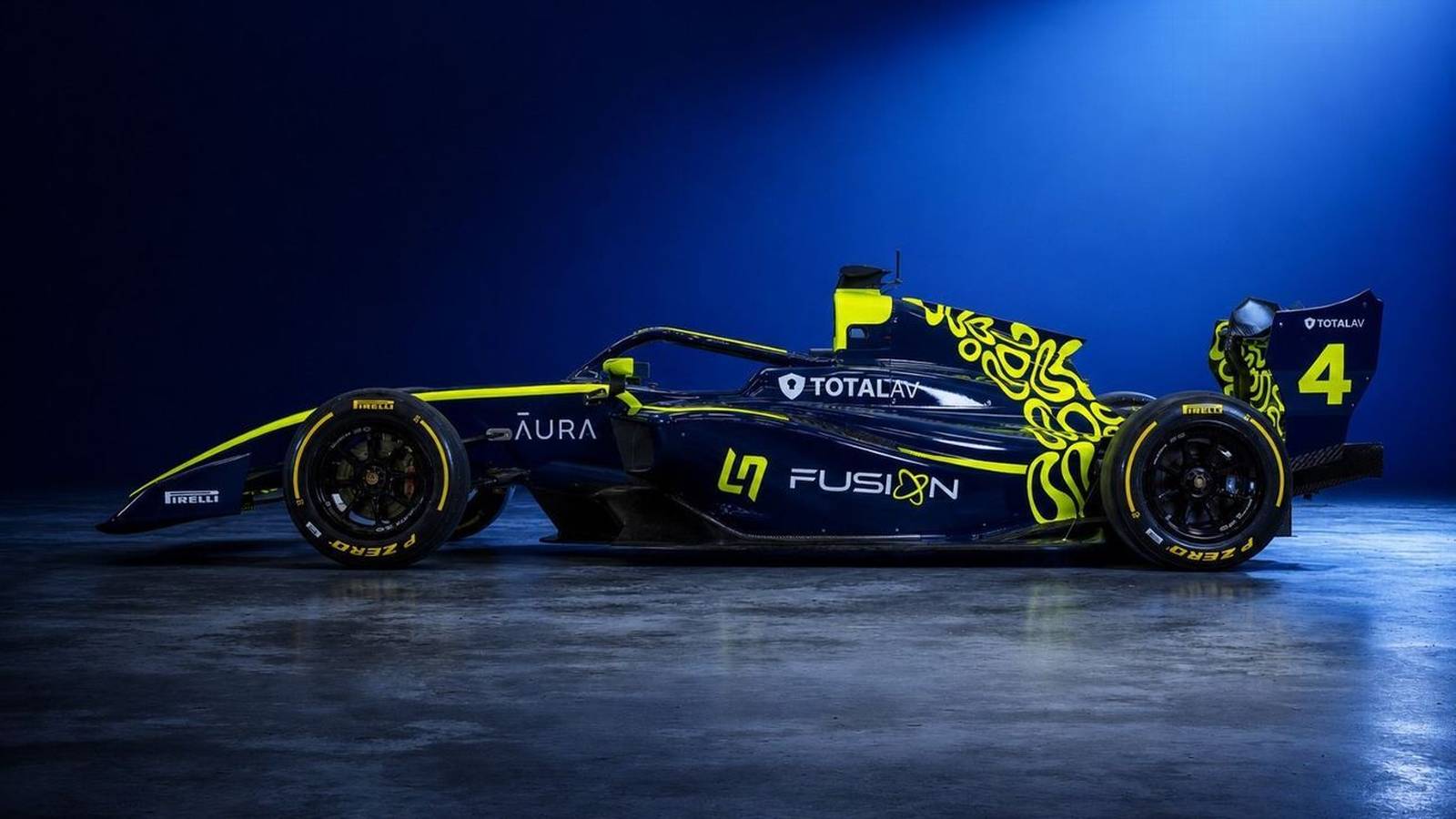 Side profile of the dark blue and yellow LN4 Fusion racing car on display