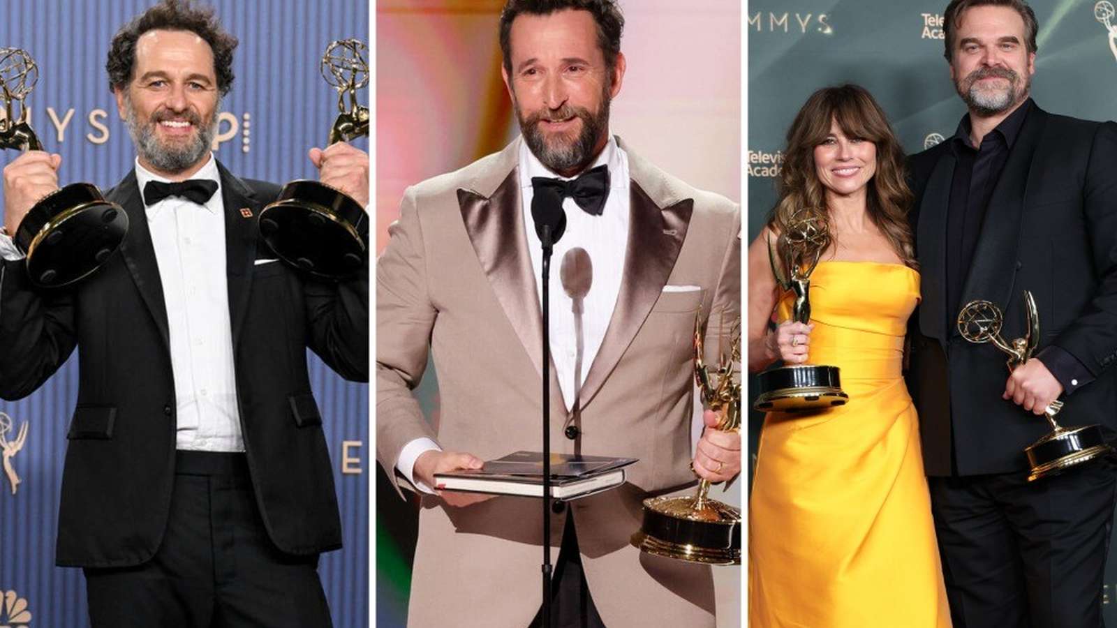 Matthew Rhys holding Emmy awards alongside other winners at the 2026 Emmy ceremony