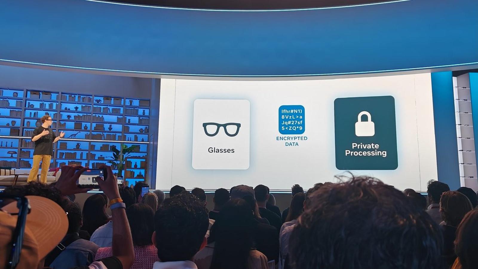 A presentation slide showing icons for smartglasses, encrypted data, and private processing at a Met