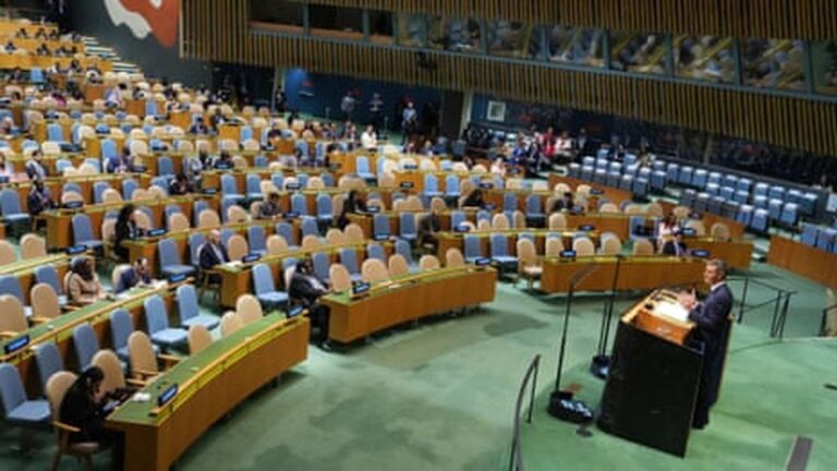 Benjamin Netanyahu speaking from the podium at the United Nations General Assembly hall