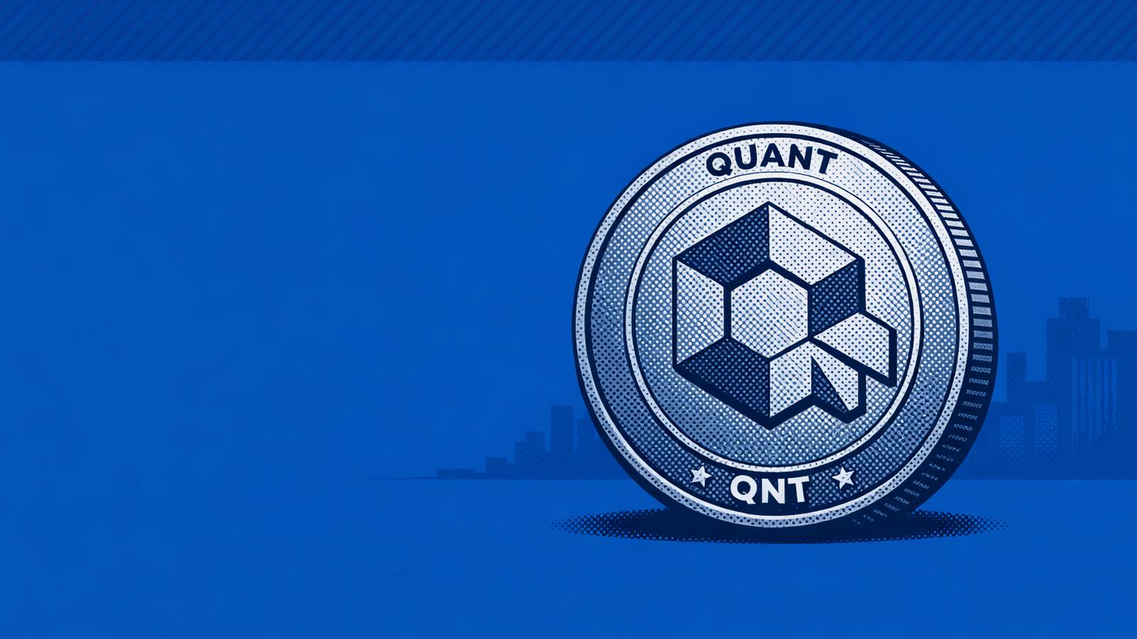 Stylized Quant QNT token coin illustration on a blue backdrop with cityscape