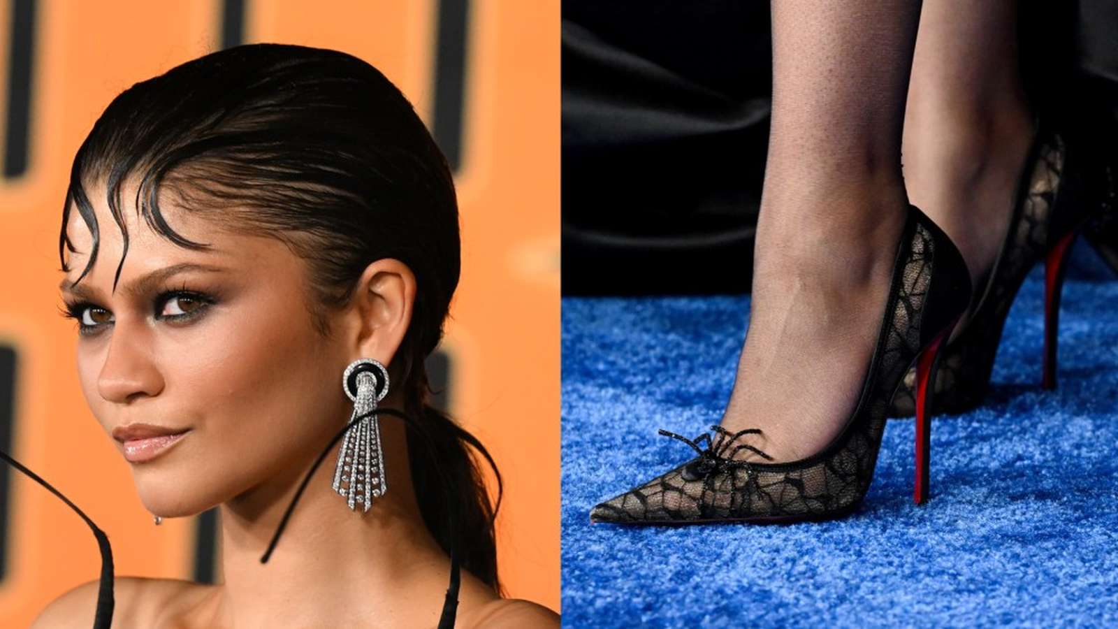 Close up portrait of Zendaya with slicked hair and detailed lace high heels