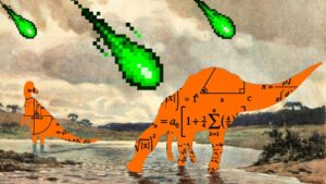Collage of orange dinosaurs covered in mathematical equations standing in a landscape with green pix