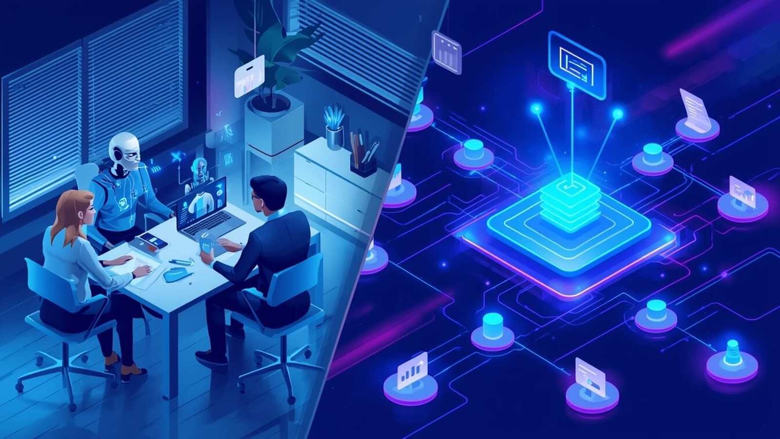 An isometric illustration showing people working with an AI robot and a glowing digital network inte