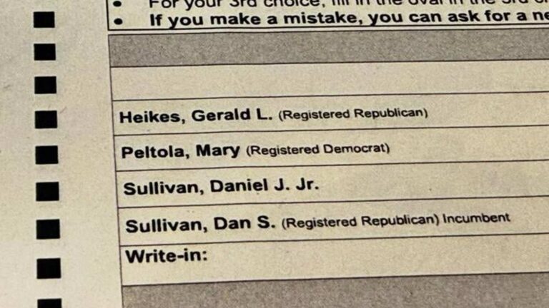Close up view of an official Alaska election ballot showing candidate names and voting ovals