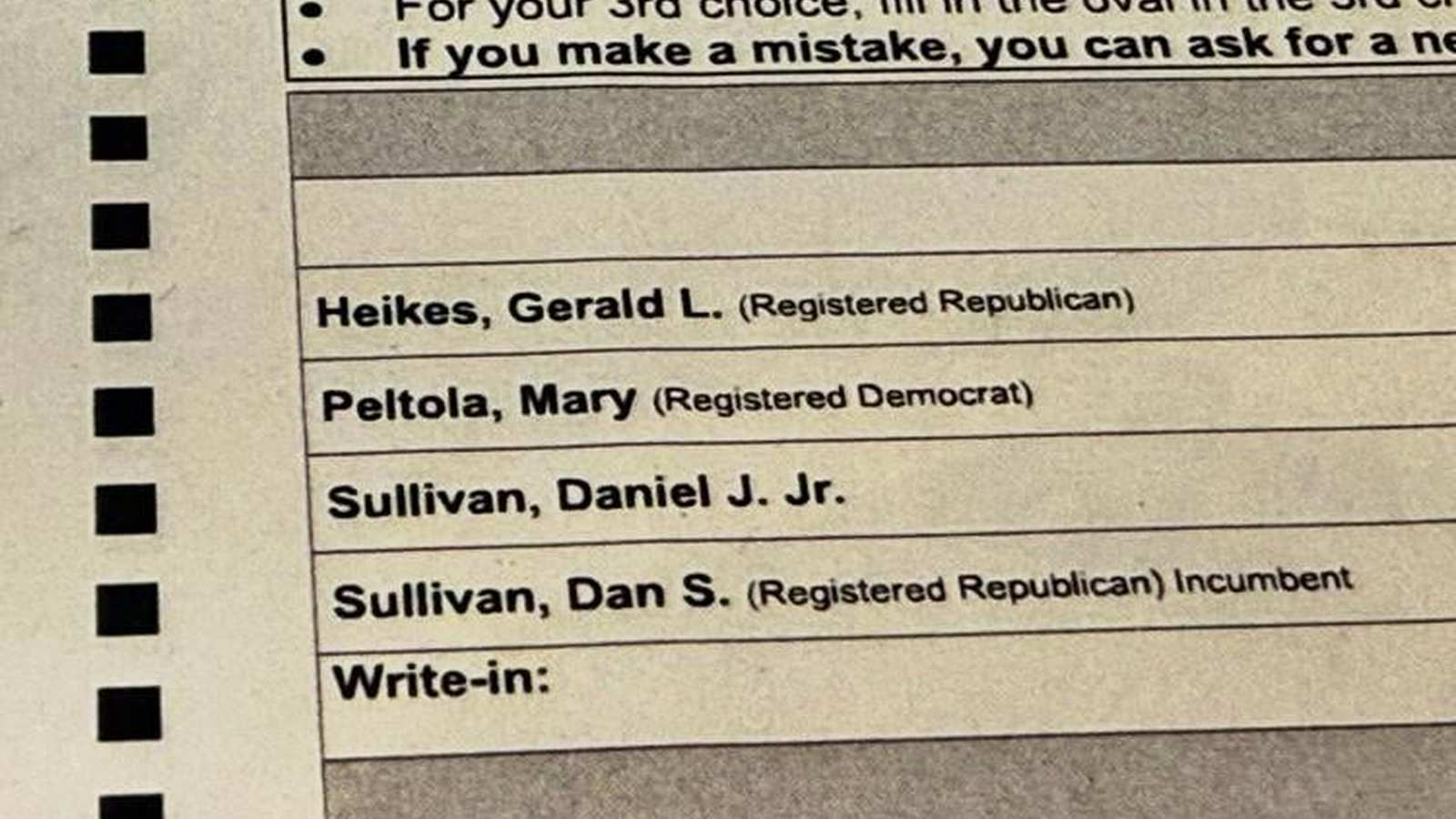 Close up view of an official Alaska election ballot showing candidate names and voting ovals