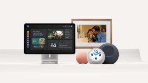 Amazon Echo Show 16 smart display and companion smart home devices on a white surface