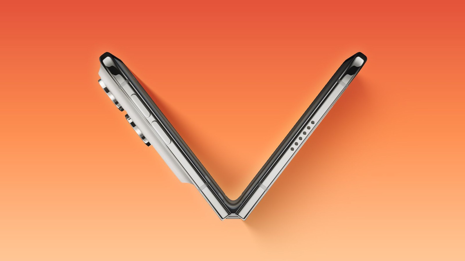 A conceptual foldable smartphone shown half open against an orange gradient background