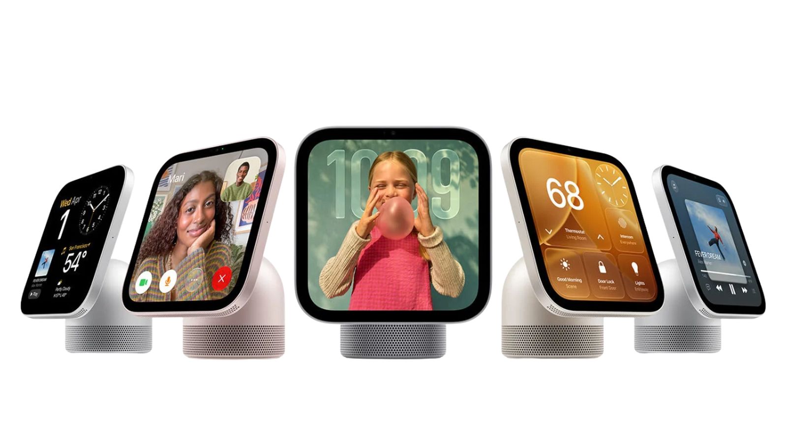 Multiple angles of the Apple HomeView smart display showing interface screens and camera features ag