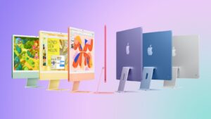 A lineup of colorful Apple iMac computers displayed against a gradient background