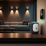 An Apple smart speaker and control panel placed in a modern living room setting