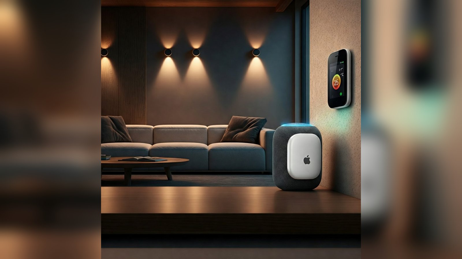 An Apple smart speaker and control panel placed in a modern living room setting