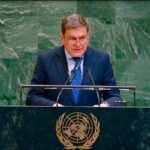 Armenian representative speaking behind the UN podium at the General Assembly Third Committee sessio