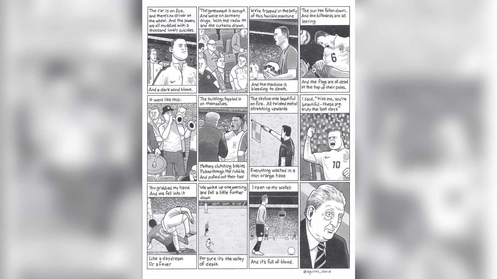 A multi-panel satirical cartoon by David Squires depicting various scenes of football culture and pl