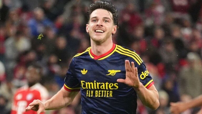 Declan Rice celebrating in an Arsenal kit during the Champions League match against Bayern Munich