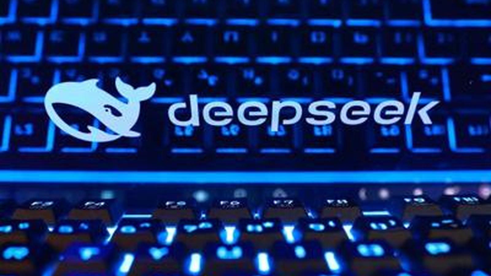 The DeepSeek logo and company name displayed over an illuminated computer keyboard in blue light