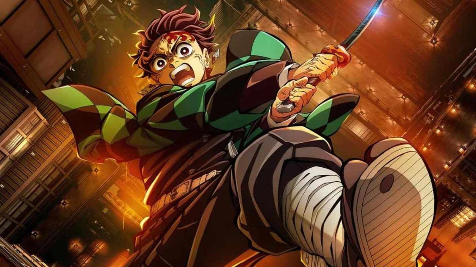 Tanjiro Kamado wielding his sword in a dynamic action pose inside the Infinity Castle