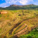 Aerial view of the boat-shaped Durupinar formation landscape in Turkey under a blue sky