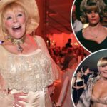Elke Sommer smiling in a wide hat alongside archival film stills from her career