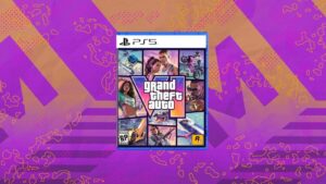 A conceptual Grand Theft Auto 6 game case for PlayStation 5 against a patterned purple background