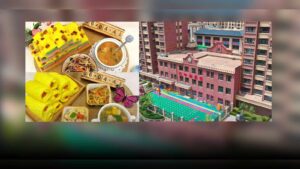 Composite image showing prepared nursery meals on the left and the kindergarten building exterior on