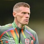 James McClean wearing a green Derry City training top during a session