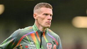 James McClean wearing a green Derry City training top during a session