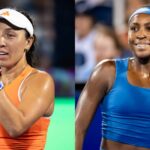 American tennis players Jessica Pegula and Coco Gauff celebrating on court
