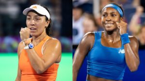 American tennis players Jessica Pegula and Coco Gauff celebrating on court