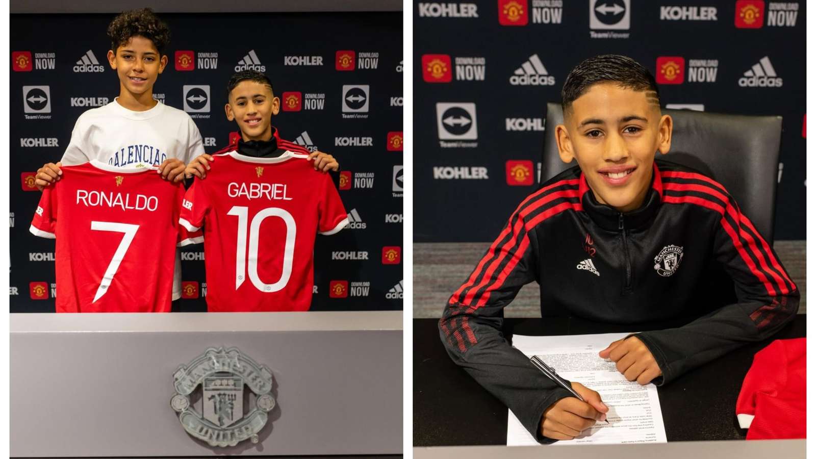 Young football talent JJ Gabriel holding and signing Manchester United academy contract documents
