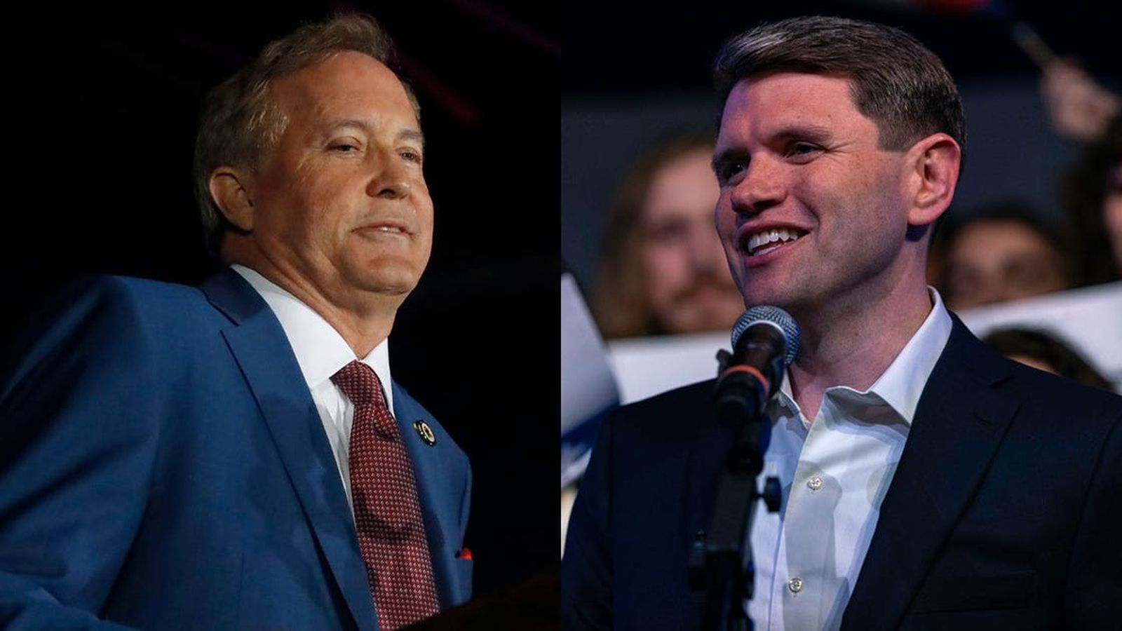 Ken Paxton and James Talarico shown side by side in campaign appearances for the Texas Senate race