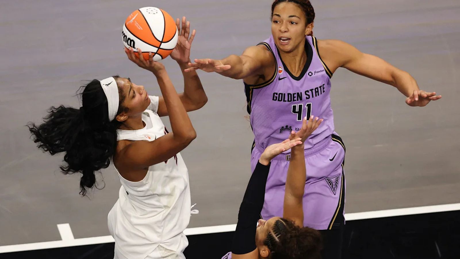 Kiah Stokes of the Golden State Valkyries defending against an opponent during the WNBA Finals