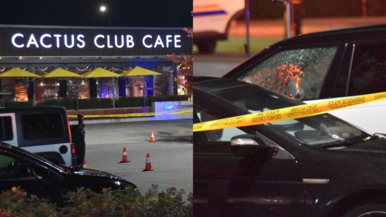 Police tape and vehicles outside the Cactus Club Cafe in Langley following a shooting incident
